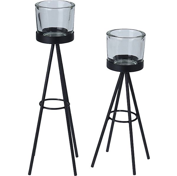 Koopman Kerzenhalter Teelichthalter Metall Schwarz 23/28 cm Glas Ø10CM 2 er günstig online kaufen