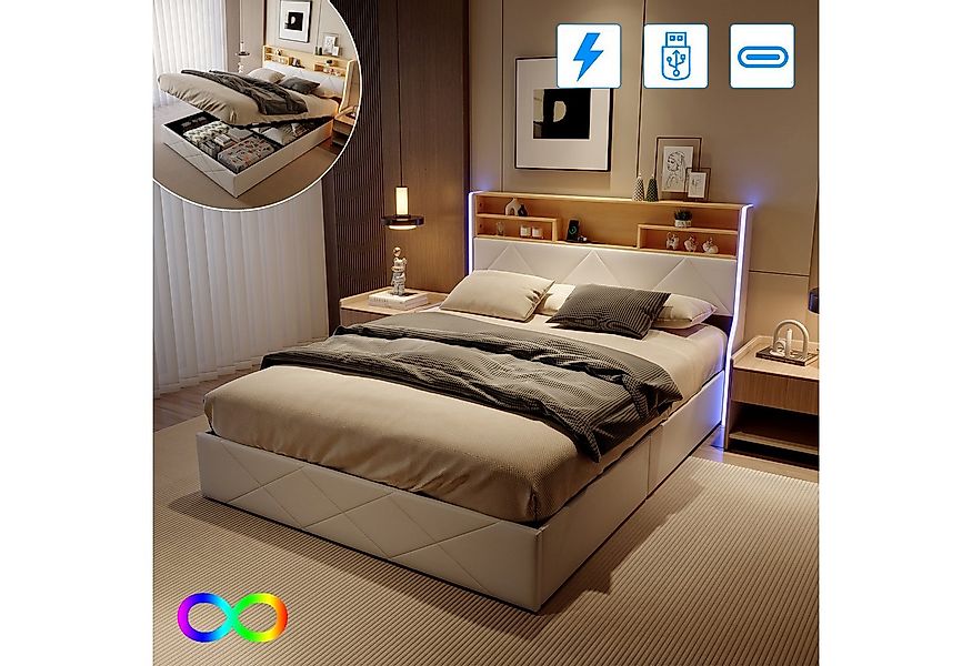 Gdood Polsterbett Stauraumbett Doppelbett LED USB (1 tlg., Hydraulisch hebb günstig online kaufen