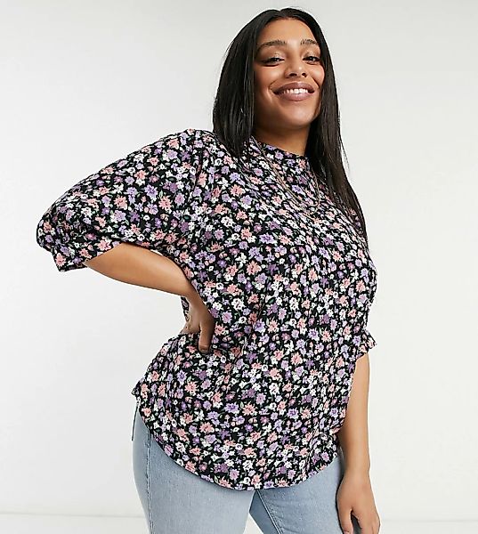 Only Curve – Hochgeschlossene Bluse mit dunklem Blumen-Print-Mehrfarbig günstig online kaufen