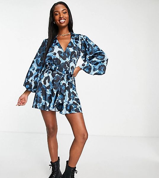 Topshop Tall – Mini-Hemdkleid in Blau mit floralem Klecksmuster günstig online kaufen