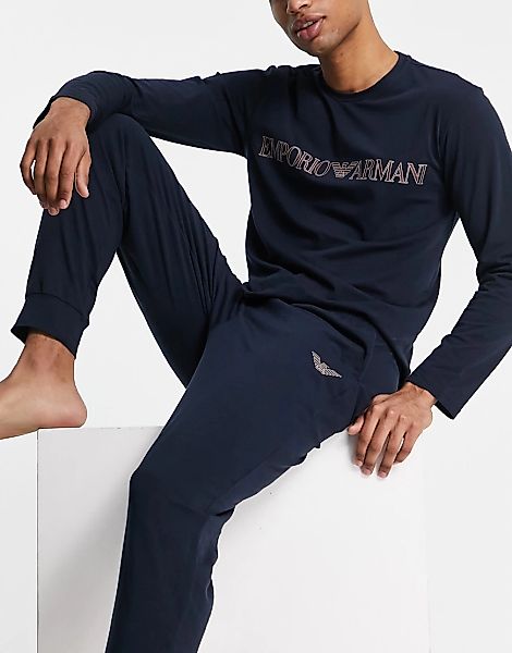 Emporio Armani – Bodywear – Pyjama in Marineblau mit großem Logo günstig online kaufen