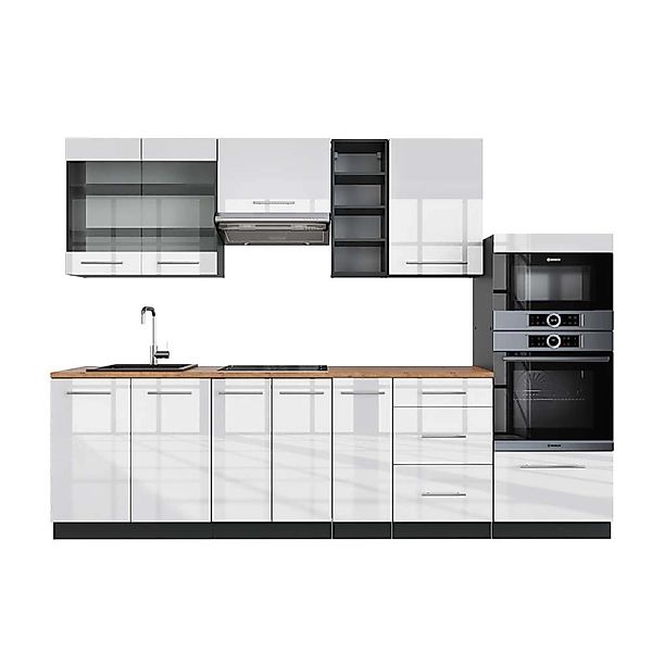 Vicco Fame-Line Küchenzeile Weiß Hochglanz/Anthrazit 280 cm AP Eiche ohne E günstig online kaufen