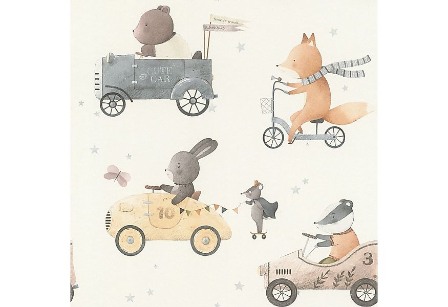 Rasch Vliestapete 301878 - Kinderzimmer-Tapete mit Tieren in Rennautos, str günstig online kaufen