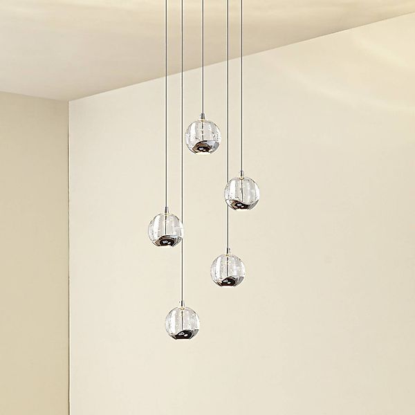 Lucande LED-Pendellampe Hayley, Ø 30 cm, 5-flg., chrom, Glas günstig online kaufen