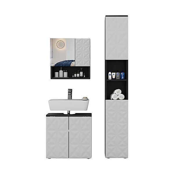 Vicco Badmöbel-Set Edge Schwarz/Weiß 3 Teile mit Hochschrank günstig online kaufen