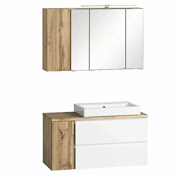 Held Möbel 2-tlg Waschtisch-Set Ancona 105 cm matt Weiß-Wotaneiche Becken r günstig online kaufen