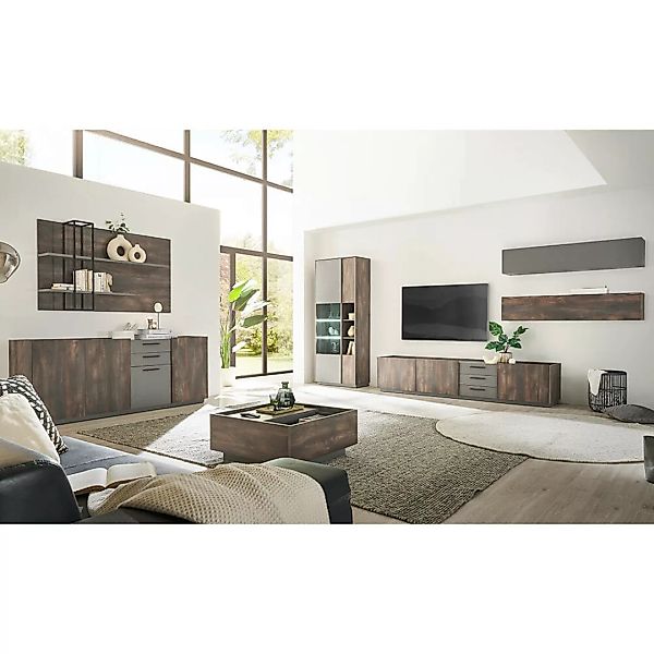 Wohnzimmer Set Eiche mit anthrazit LAFAYETE-61 Modern 7-teilig mit Beleucht günstig online kaufen