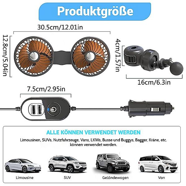 JOYOLEDER Handventilator Auto Ventilator 12V/24V, Doppelter günstig online kaufen