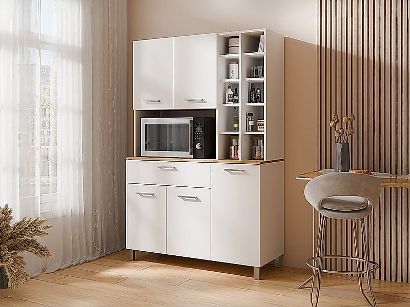 Küchenbuffet mit 5 Türen, 11 Fächern & 1 Schublade - Weiß & Holzfarben hell günstig online kaufen