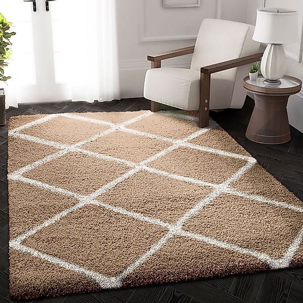 Vimoda Hochflor-Läufer Shaggy Wohnzimmer Rautenmuster Weiss, günstig online kaufen