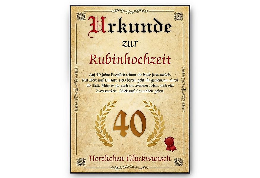 Tigerlino Poster Urkunde zum 40. Hochzeitstag Geschenk 40. Jahrestag Karte günstig online kaufen