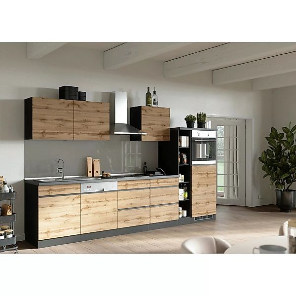 Held Möbel Küchenzeile Turin 330 cm Wotaneiche-Graphit mit E-Geräten günstig online kaufen