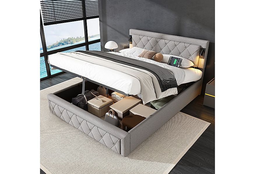 HAUSS SPOLE Polsterbett 160x200cm mit Downlight, USB, Rautenstreifen-Kopfte günstig online kaufen