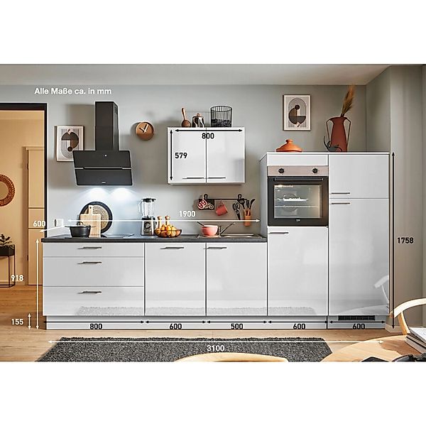 pino Küchenzeile 310 cm Lichtgrau Hochglanz Anschlag rechts 2 Geräteschränk günstig online kaufen