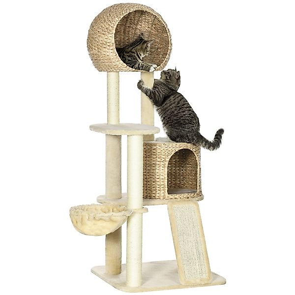 PawHut Kratzbaum Katzenbaum mit Katzenhaus, Katzenkratzbaum, Plüsch, Beige, günstig online kaufen
