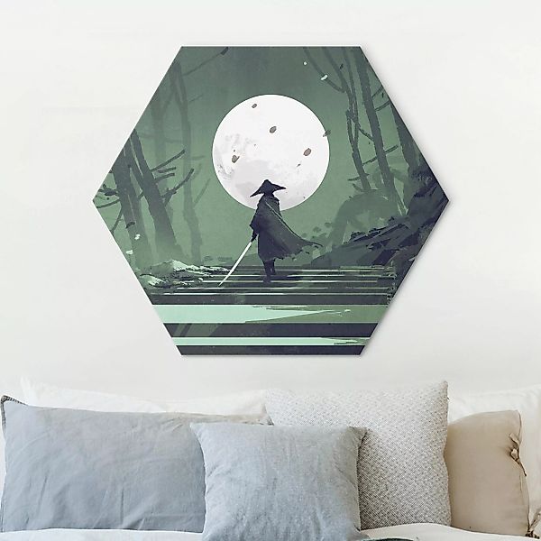Hexagon-Alu-Dibond Bild Ninja im roten Mondschein günstig online kaufen
