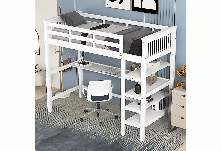 Merax Hochbett mit Schreibtisch und Bücherregal Etagenbett 90x200 cm mit Tr günstig online kaufen