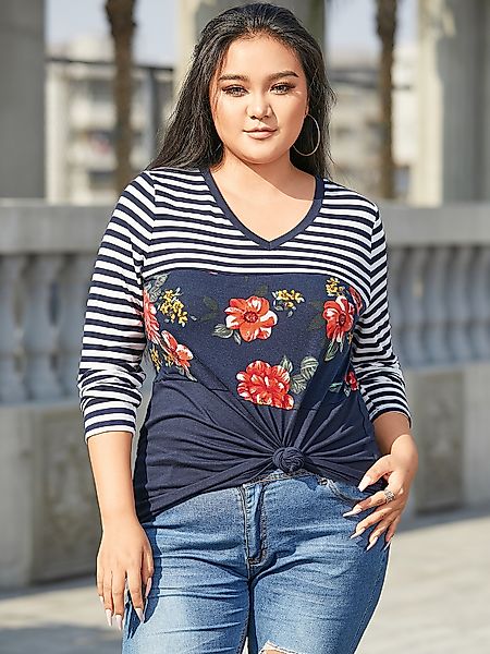 YOINS Plus Größe V-Ausschnitt Gestreiftes Blumendruck-Langarm-T-Shirt günstig online kaufen