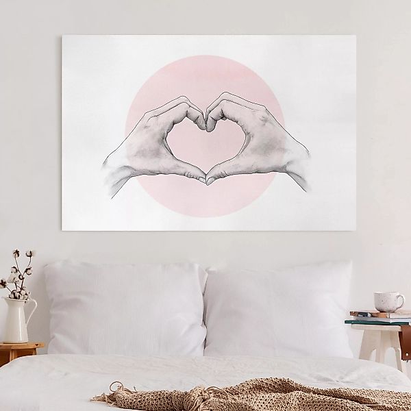 Leinwandbild - Querformat Illustration Herz Hände Kreis Rosa Weiß günstig online kaufen