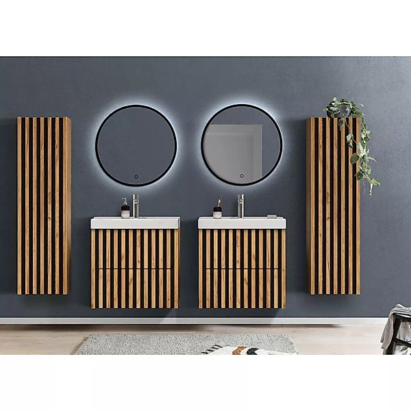 Badmöbel Set in Eiche Nb. mit Lamellenfronten LUCCA-107, 2x LED-Spiegel, 2x günstig online kaufen