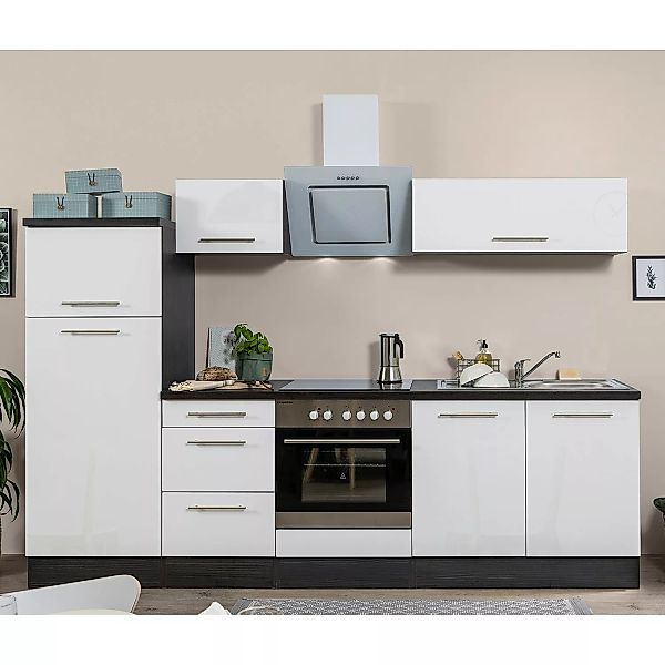 Respekta Premium Küchenzeile 270 cm Schwarz Hochglanz-Eiche Grau günstig online kaufen