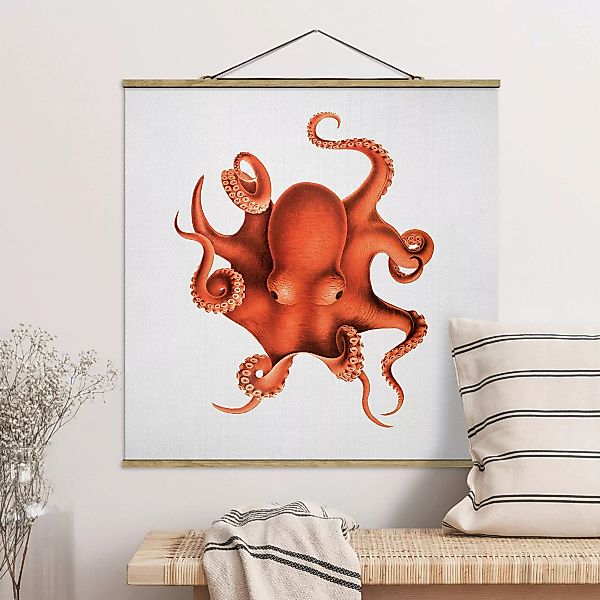 Stoffbild mit Posterleisten Vintage Illustration Roter Oktopus günstig online kaufen
