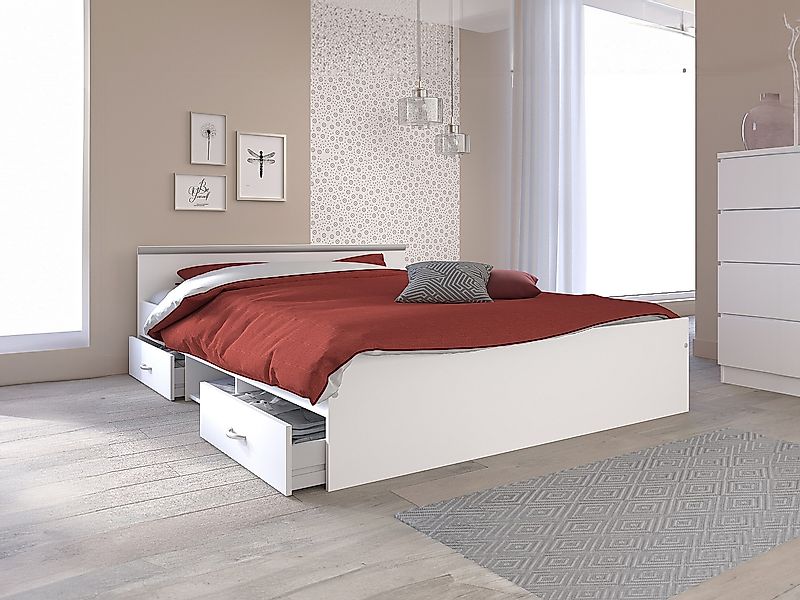 Bett mit 2 Schubladen & 1 Ablage + Lattenrost - 140 x 190 cm - Weiß - PABLO günstig online kaufen