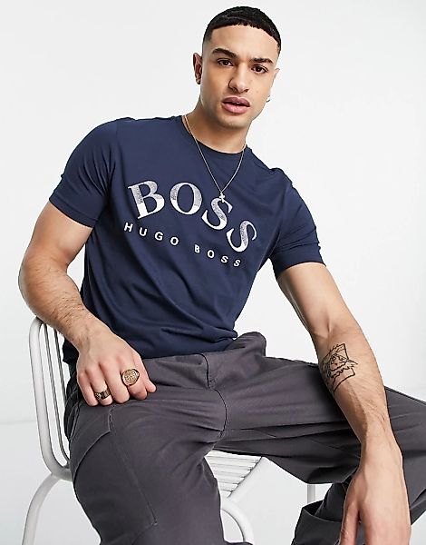 BOSS – Athleisure Tee 1 – Marineblaues T-Shirt mit großem Logo günstig online kaufen