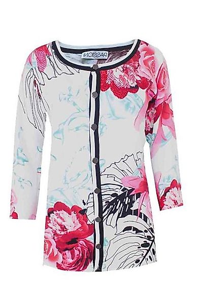 Passioni Cardigan Twinset mit floralem Tropenprint und Kontrastbesatz günstig online kaufen