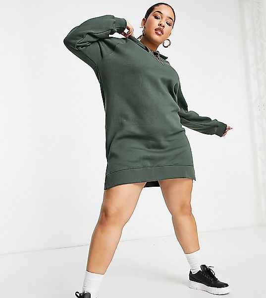 Threadbare Plus – Quinn – Kapuzenpullover-Kleid in dunklem Khaki-Grün günstig online kaufen