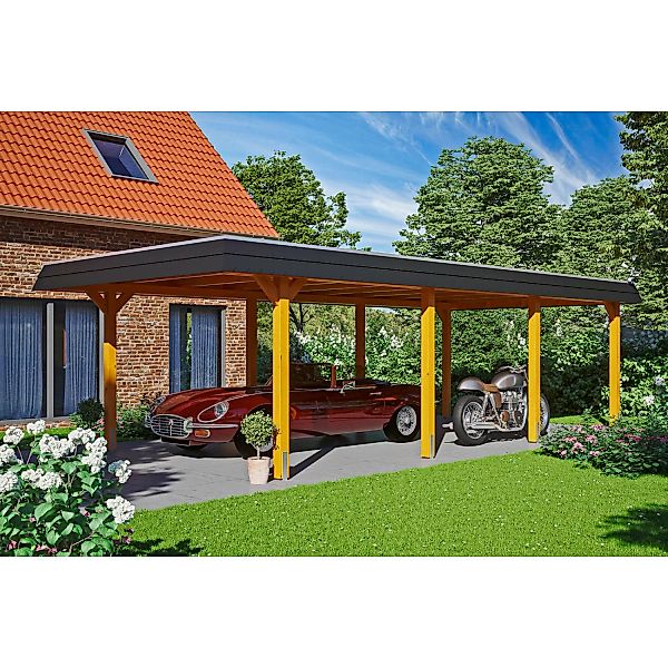 Skan Holz Carport Wendland Eiche hell 409 x 870 cm EPDM-Dach Blende Schwarz günstig online kaufen