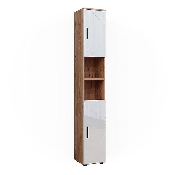 Vicco Badschrank Irma Eiche/Weiß Hochglanz 30 x 192 cm mit Türen und Offene günstig online kaufen