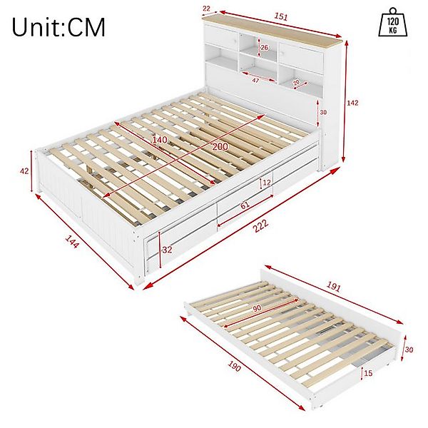 Flieks Massivholzbett, Kinderbett Doppelbett 140x200cm mit 3 Schubladen, Au günstig online kaufen