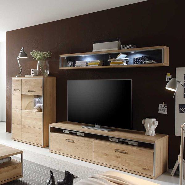 Wohnzimmer Anbauwand in Asteiche Bianco furniert Silberfarben (dreiteilig) günstig online kaufen
