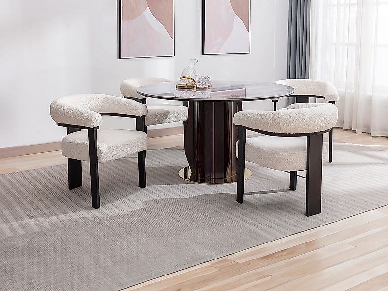 Stuhl mit Armlehnen 6er-Set - Bouclé-Stoff & Kautschukholz - Weiß & Schwarz günstig online kaufen