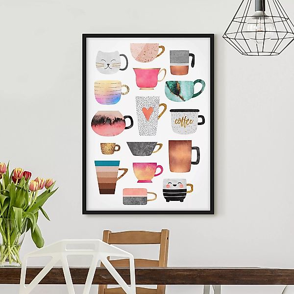 Bild mit Rahmen Küche - Hochformat Bunte Tassen mit Gold günstig online kaufen