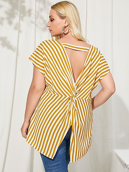 YOINS Plus Größe Gestreifte Cut Out Twist Design Kurzarm Bluse günstig online kaufen