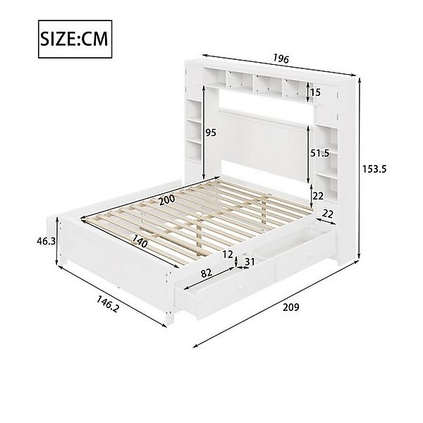 Flieks Massivholzbett, Doppelbett 140x200cm mit 4 Schubladen und Stauraum-K günstig online kaufen