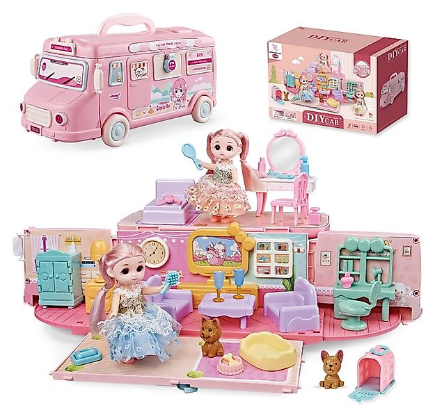 DINO SONO Puppenhausmöbel Campingwagen Spielzeug mit Wohnzimmer Schlafzimme günstig online kaufen