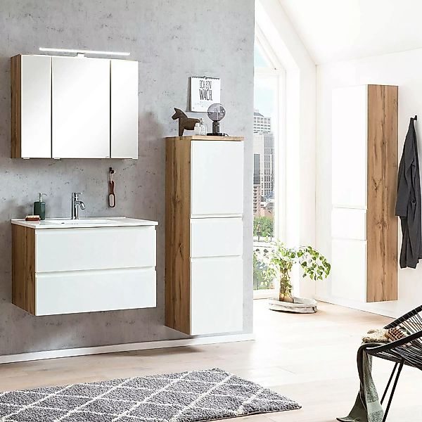 Badezimmer Möbel Set mit Waschbecken und LED Beleuchtung, Wotan Eiche Nb. m günstig online kaufen