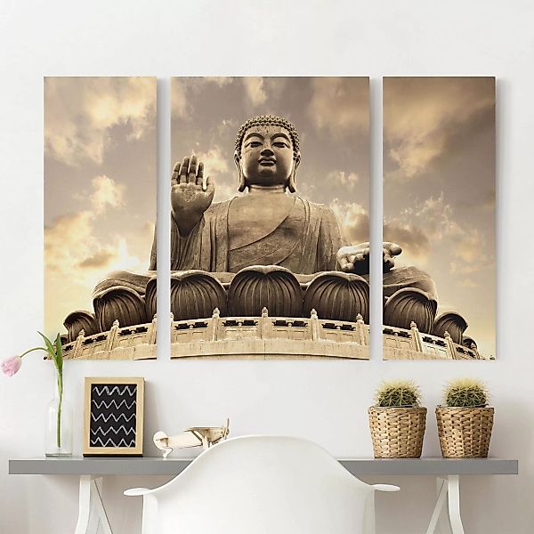 3-teiliges Leinwandbild Buddha - Querformat Großer Buddha sepia günstig online kaufen