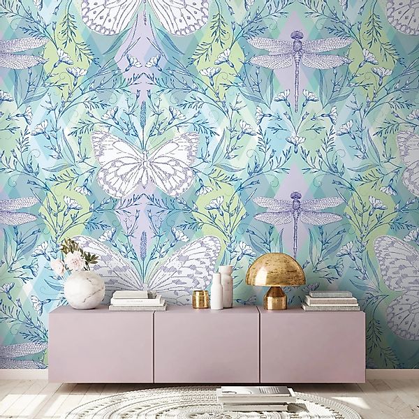 PROFHOME 392041-GU Fototapete Schmetterlinge Grün Lila Blau Weiß 1,59 m x 2 günstig online kaufen