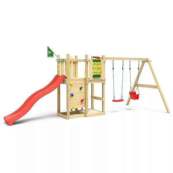 Jungle Gym Spielturm Ledge Holz mit Doppelschaukel Tic Tac Toe Rutsche Rot günstig online kaufen