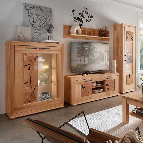 Wohnwand Vollholz Kernbuche mit Metallgriffen 201 cm hoch (vierteilig) günstig online kaufen