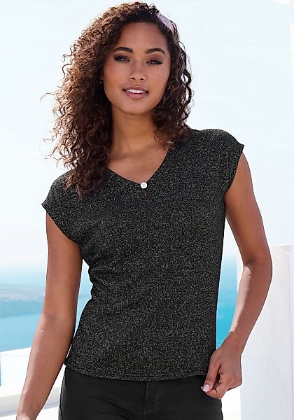 LASCANA Kurzarmshirt "mit Strassknopf in Blütenform" aus leichtem Feinstric günstig online kaufen