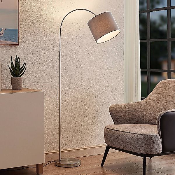 Lindby Stehleuchte Keriba, nickel/taupe, Stoff, 150cm, E27 günstig online kaufen