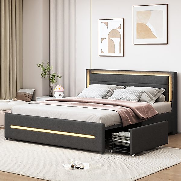 Flieks Polsterbett, LED Beleuchtung Doppelbett 160x200cm günstig online kaufen