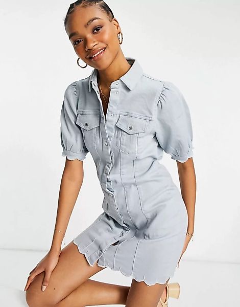 Vero Moda – Jeans-Minikleid mit Puffärmeln und Bogenkantensaum in Hellblau günstig online kaufen