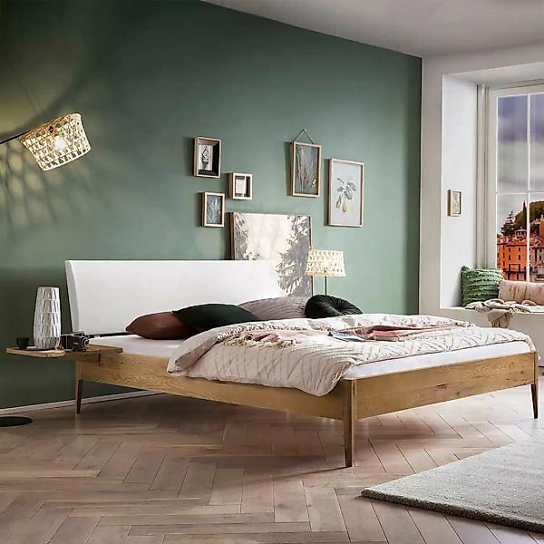 Bett mit Polsterkopfteil Weiß aus Wildeiche Massivholz 140x200 günstig online kaufen
