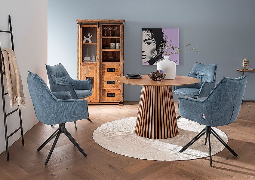 Esszimer Set Ginosa blau & Tisch Oria natur rund 120cm günstig online kaufen